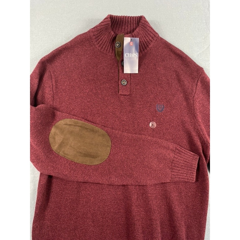NWT CHAPS Knit Sweater Sz L Brick Red Elbow Patches 100% Cotton Preppy
